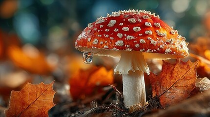   Red and white mushroom with water-drops on its cap and leaves on the ground