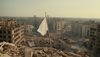white flag at destroyed city