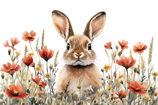 Easter bunny with flowers isolated on white background, spring design