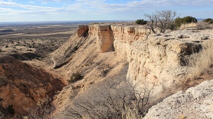 Expansive desert plateau with dramatic cliff face, showcasing layered rock formations, sparse vegetation, and a distant horizon under a clear sky