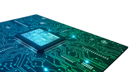 Circuit board with microchip 3d rendered isolated on white background