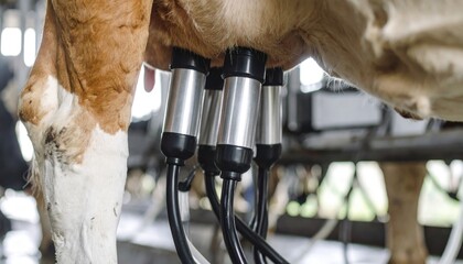 Automated Milking of a Dairy Cow: A close-up captures the process of automated milking, with mechanical milking equipment attached to a dairy cow's udder in a modern, streamlined environment.