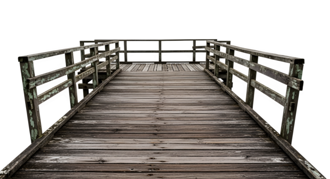 Dilapidated wooden bridge isolated on white background