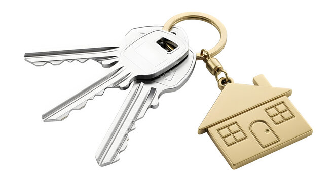 Keys with house-shaped keychain 3d rendered isolated on white background - Powered by Adobe