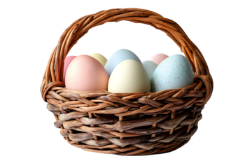 Easter egg hunt basket, pastel-colored eggs isolated on white