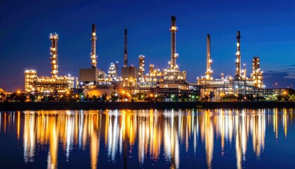 Naklejka premium Nighttime Industrial Silhouette: An awe-inspiring industrial silhouette is beautifully illuminated at night. The image captures a majestic refinery along the coastline.