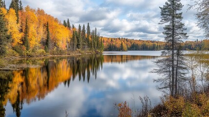 Obraz premium Serene autumn lake reflecting vibrant fall foliage and cloudy sky. Tranquil waters mirror the colorful trees