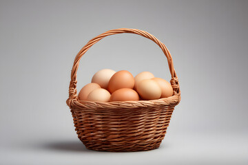Basket of eggs Wicker basket full of brown eggs on neutral background. Ideal image for farming, kitchen, and organic product themes