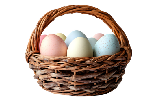 Easter egg hunt basket, pastel-colored eggs isolated on white - Powered by Adobe