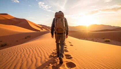 Desert Wanderer: A lone traveler with a backpack embarks on a sun-kissed journey across the vast desert dunes, leaving footprints in the sand, embodying a spirit of adventure and exploration.