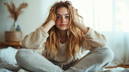 Obraz premium A serene moment captured of a young woman with tousled hair, sitting on her bed, enjoying a peaceful ambiance filled with natural light and calm energy.