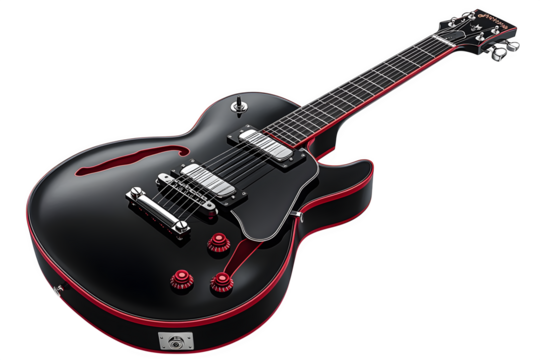Electric guitar in black with red accents music instrument isolated on white background