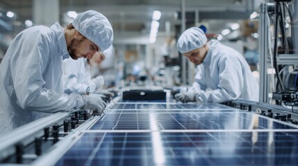 Obraz premium Diverse specialists working together on solar technology assembly, teamwork and precision in clean energy factory.