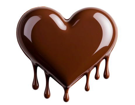 Melting Heart Chocolate with Dripping Edges and Glossy Surface, Dramatic Close-Up, isolated on transparent background