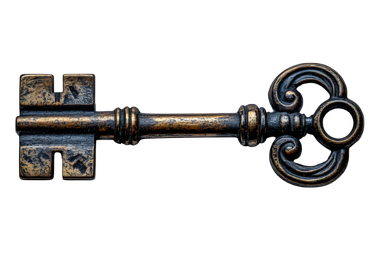 Elegant silver key with vintage design antique object isolated on white background