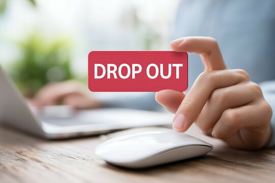 Mouse Cursor Hovering Over &ldquo;Drop Out&rdquo; Button, Digital Decision Moment, Online Education Challenge, Student Burnout Concept, E-Learning User Interface, Academic Pressure Visual