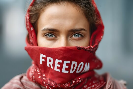 Empowered Woman Wearing Red ‘Freedom’ Scarf – Symbolic Portrait of Protest and Resilience