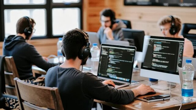 Casual office scene with a focus on a programmer wearing headphones. Over-the-shoulder angle captures teamwork and coding, ideal for tech video content.