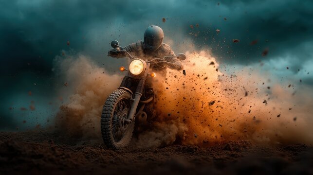 An adrenaline-filled moment of a motorcyclist racing through dust and dirt, leaving a trail of excitement in an intense off-road environment, symbolic of adventure.