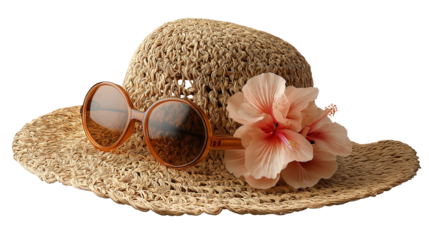 Straw beach hat with sunglasses and tropical flower attached, isolated, white background, PNG 