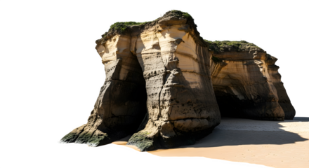 Coastal rock formations with sandy beach isolated on white background