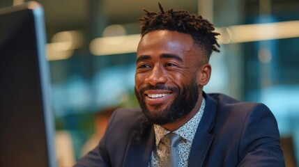 Friendly African American executive in formal attire working on computer with blank screen for content placement.