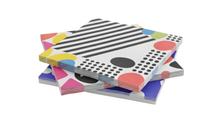 Colorful patterned paper stacks 3d rendered isolated on white background