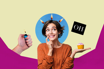 Image poster trend collage of minded girl guy stand hand hold flicker light deadline pressure...
