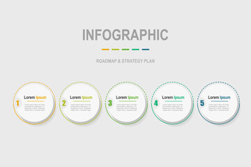 For business concept with 5 steps infographics,  circle shape with multicolor label, design for workflow layout, diagram, annual report, web design. vector illustration