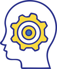 Stylized human head profile with a prominent yellow gear and concentric circles symbolizing thought processes and mechanical thinking