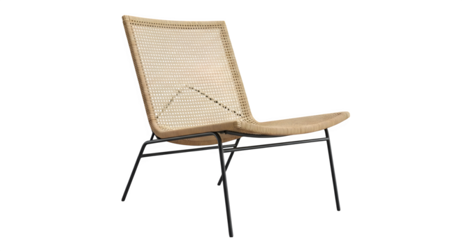 Woven lounge chair, dark frame 3d rendered isolated on white background