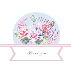 greeting card with roses and peonies on a circle