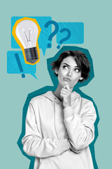 Composite artwork 3D photo collage trend of creative solution challenge logic eureka young woman...