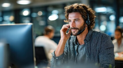 Male call center agent with headset working on CRM system, multitasking for client outreach and support.