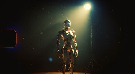 Fototapeta premium Humanoid Robot Walking into Spotlight in Dark Warehouse Setting. Cinematic AI Discovery, Advanced Robotics, and Futuristic Concept.