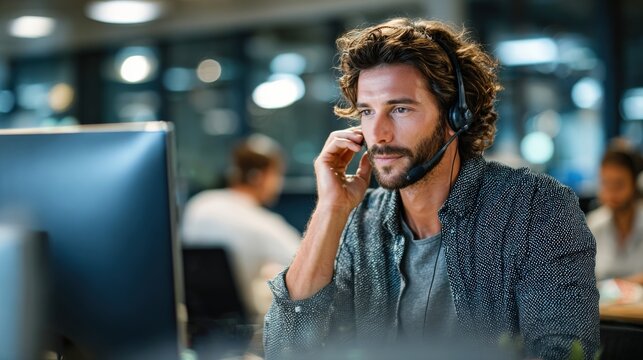 Male call center agent with headset working on CRM system, multitasking for client outreach and support.