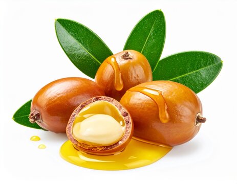 Close-up of jojoba oil in a clear bottle or dropper, emphasizing its rich color and luxurious texture. Perfect for cosmetics, aromatherapy, and organic product branding,  jojoba oil in white backgroun