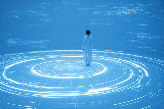 Person in white space surrounded by glowing blue holographic grids and floating data codes