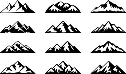 Set of Mountain chain snowy peaks outline vector illustration, line art
