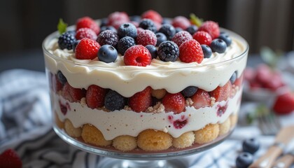 Delightful Layered Dessert With Berries and Cream Served in a Glass Bowl on a Linen Tablecloth