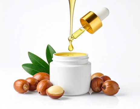 Close-up of jojoba oil in a clear bottle or dropper, emphasizing its rich color and luxurious texture. Perfect for cosmetics, aromatherapy, and organic product branding,  jojoba oil in white backgroun