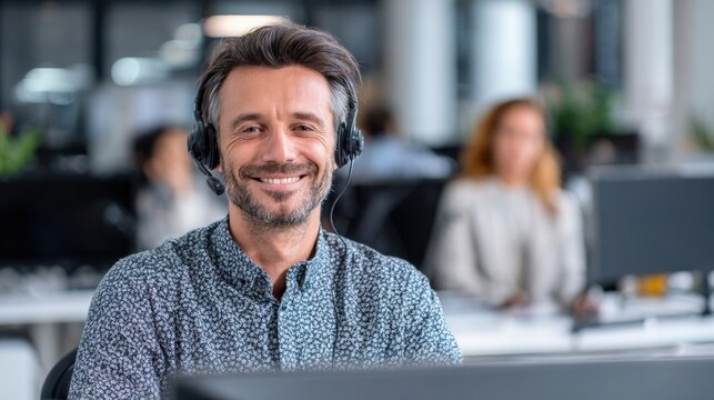 Man wearing headset in modern office, speaking to customer for CRM support and lead generation assistance.