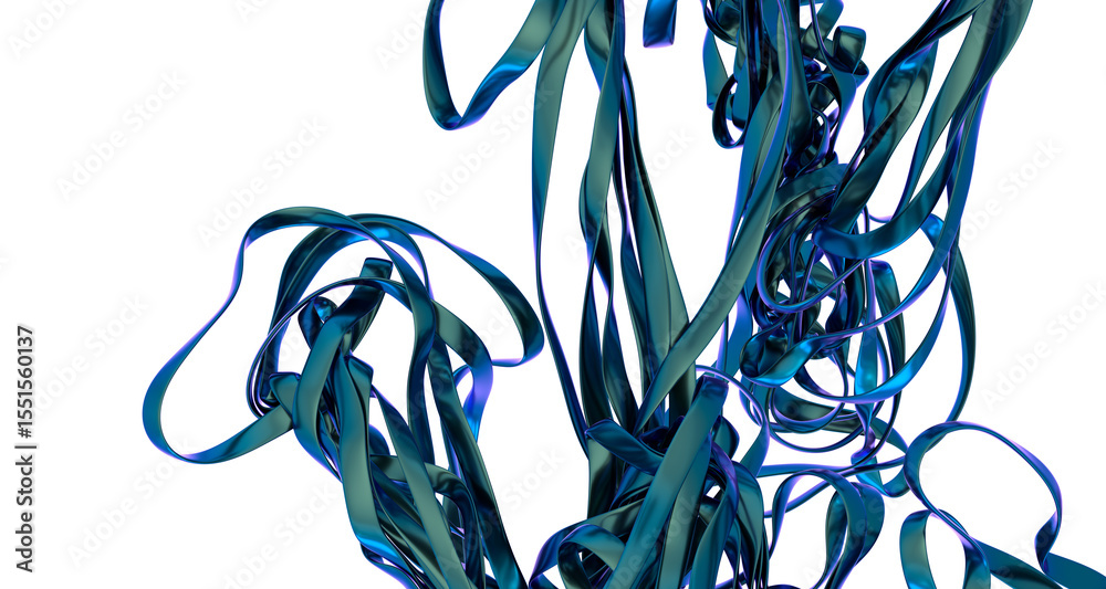 Poster metallic blue ribbons swirl in an abstract design. perfect for modern backgrounds and tech themes.
