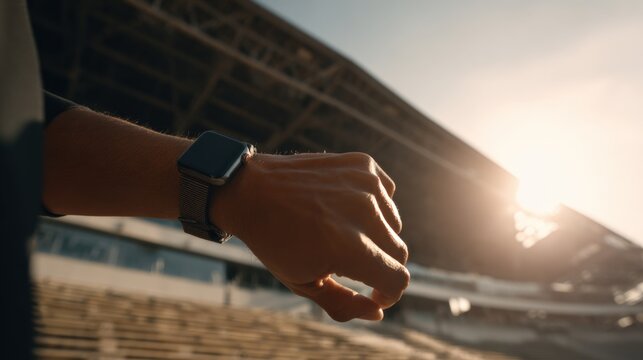 Man hand adjusting smartwatch during workout on outdoor stadium, sunny weather, focus on technology.