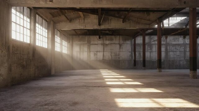 Empty industrial loft, concrete floor and walls, large factory windows with streaming sunlight creating dramatic light beams.