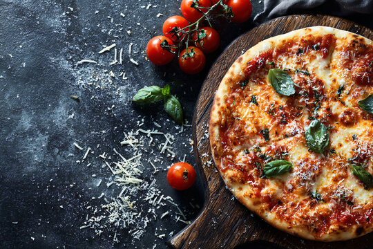 Pizza margherita with basilia leaves. Pizzeria theme.
