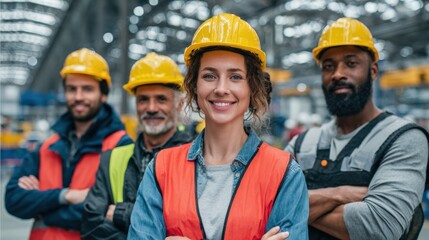 Multiracial group of male and female workers operating heavy equipment inside large factory.