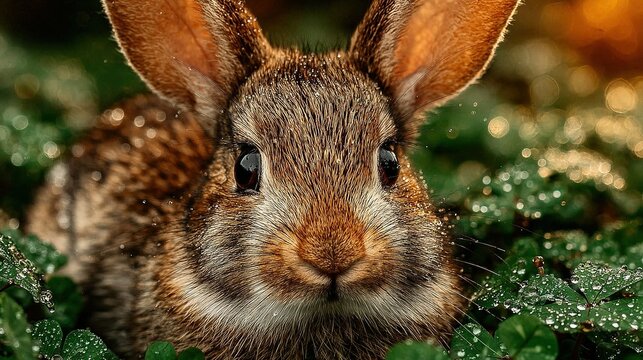 A close-up of a brown rabbit in a field, with dewdrops on its ears - Powered by Adobe