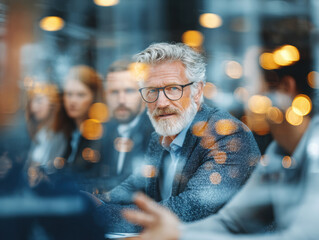 senior man in a business suit with grey hair and glasses, sitting at the head of an office meeting table surrounded by his team. Bokeh effect. 