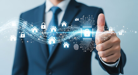 Businessman showing thumbs up for secure smart home and digital security systems network
